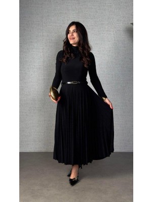 Mareandpanda Kadın Uzun Kollu Balıkçı Yaka Kemersiz Pileli Uzun Sandy Elbise