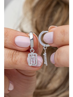 Normadia 925 Ayar Gümüş Rodyum Kaplama Halka ve Baget Tektaş Küpe