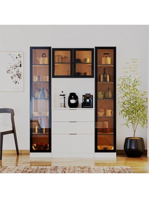 EVDEMO Sierra Temperli Cam 4 Kapaklı Ledli Kahve Köşesi Mutfak Kiler Dolabı Beyaz