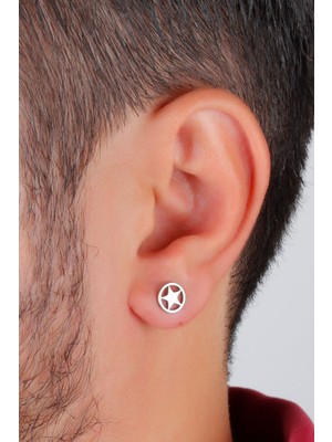 Normadia Parlak Gümüş Yıldız Tasarımlı Erkek Küpe, Şık ve Modern Takı