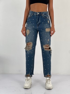 Miss Poem Kadın Taş Detaylı Lacivert Denim Kot Pantolon