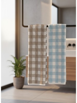 Orbit Premium 2’li Banyo Havlusu Seti - 70X140 cm %100 Pamuklu Buklet Dokuma - Gingham Kareli Bej & Mavi Renk Büyük Boy Havlu Takımı