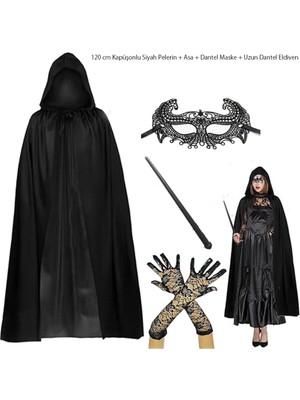 Lunirawear Lunı 120 cm Kapüşonlu Siyah Pelerin + Asa + Dantel Maske + Uzun Dantel Siyah Eldiven Kostüm Seti