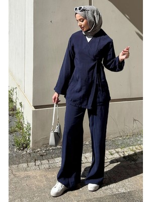 Tesettür Diyarı Yazlık Kumaş Yandan Bağlamalı Kimono Takım- Lacivert