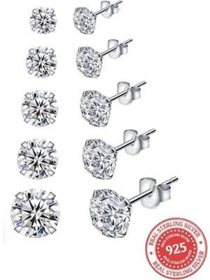 Normadia 925 Ayar Gümüş Yuvarlak Zirkon Taşlı Unisex Pimli Küpe 5 Çift