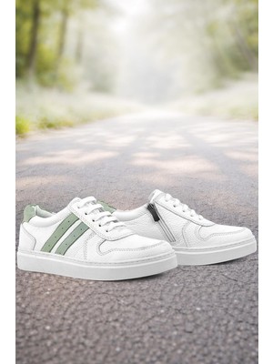 Rakerplus Hakiki Deri Beyaz Yeşil Bağcıklı Fermuarlı Çocuk Sneaker