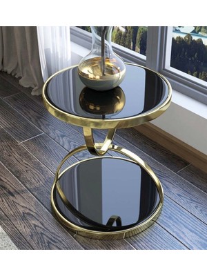 Şar Mobilya Gold Metal Cam Yan Sehpa 2 Katlı Modern Zigon Dekoratif Lüks Tasarım Sehpa