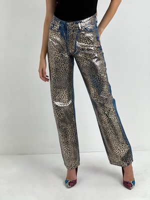 Miss Poem Kadın Leopar Varak Baskılı Wide Leg Jean - Orta Mavi