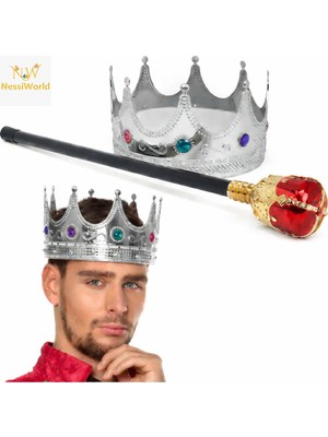 Platin Store  Gümüş Kral Tacı Kraliyet Tacı 60 cm ve Kırmızı Topuzlu Kral Asası Seti Zeyd