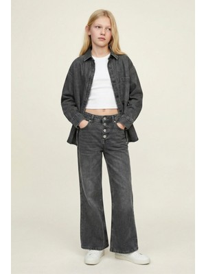 Magu Kız Çocuk Pamuklu Antrasit Gömlek T-Shirt Pantolon 3'lü Takım – Rahat Kesim Günlük Kombin