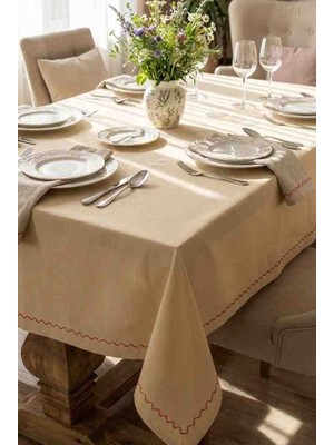 Yarımada Kadın Kooperatifi ​sütlü Kahve Duck Keten Masa Örtüsü – Piko Nakışlı (170X170 Cm)