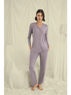 Marsilyan Uzun Kollu Düğmeli V Yaka Pijama Takımı