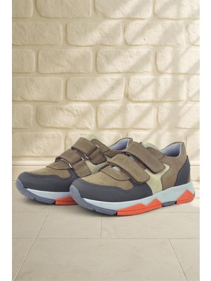 Rakerplus  Deri Kahverengi Çocuk Sneakers Spor Ayakkabı Ortopedik Düz Taban Tasarım