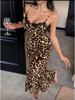 Marsilyan Pamuklu Leopar Desenli Ince Askılı Uzun Elbise