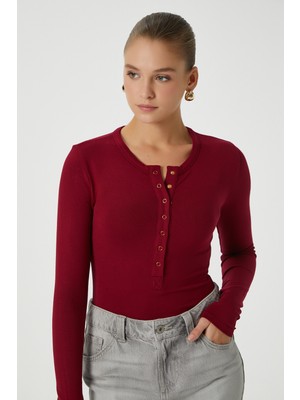 Ritnice Kadın Kelly Lux Touch Gold Düğme Detay Bordo Bluz