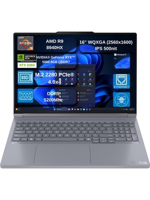 Lenovo Thinkbook 16P G6 Adr Ryzen 9 8940HX 32GB Ddr5 512GB SSD 8GB/RTX5060/115W 16" Wqxga IPS 500NITS 240Hz Windows 11 Pro Taşınabilir Bilgisayar 21U00013TXOX02