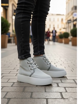 Pabucmarketi Bağcıklı Içi Kürklü Erkek Sneaker Bot Gri Süet (Beyaz Taban)