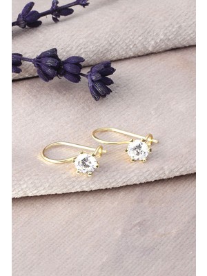 Normadia Parlak Yuvarlak Zirkon Taşlı Kancalı Gümüş Küpe, 925 Ayar Gold Renk