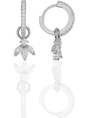 Normadia Parlak Gümüş Rodyumlu Zirkon Üç Taşlı Lotus Çiçeği Küpe