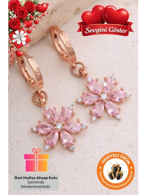 Normadia 925 Ayar Rose Gümüş Kaplama Lotus ve Ametist Taşlı Küpe, Hediye Kutusu