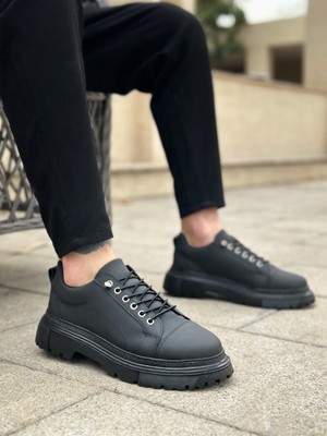 Pabucmarketi Lastik Bağcıklı Erkek Günlük Ayakkabı Siyah (Siyah Taban)