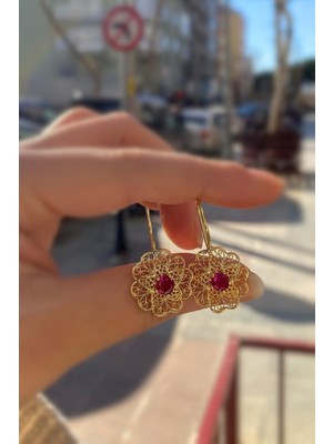 Normadia Şık Gümüş Telkari Pembe Taşlı Anne Küpesi, Zarif Takı Hediye