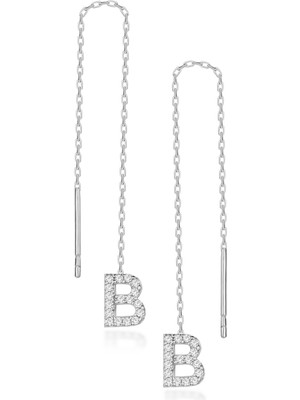 Normadia B Harfi Gümüş Rodyum Zincir Küpe Şık ve Zarif Tasarım