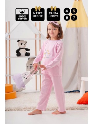 Buude Unicorn Desenli Çanta ve Maskeli % 100 Pamuk Kız Çocuk Pijama Takımı