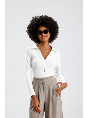 Rose Arya Beyaz Polo Yaka Uzun Kollu Bluz