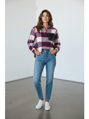 Miss Poem Kadın Fuşya Ekose Desenli Deri Cep Detaylı Gömlek