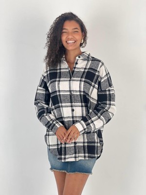 Miss Poem Kadın Siyah Beyaz Ekose Desenli Gömlek