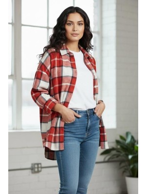 Miss Poem Kadın Kırmızı Beyaz Ekose Desenli Gömlek
