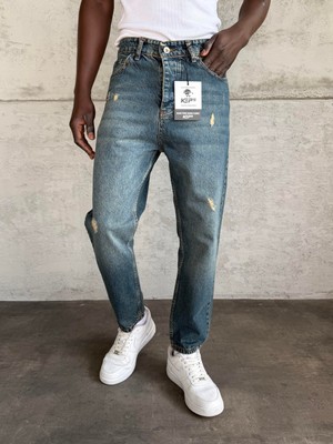 KağanKY Lacivert Yıkamalı Lazerli Boyfriend Jean