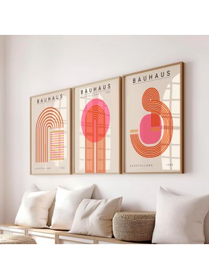 (Çerçevesiz) Bauhaus Pembe 3'lü Çerçevesiz Poster Set, Modern Dekoratif Poster Seti