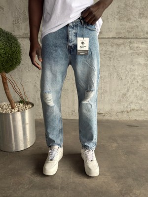 KağanKY Mavi Taşlamalı Diz Yırtık Boyfriend Jean