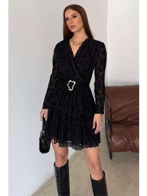 Zishan Fashion Kadın Siyah/kahve Dantel Detaylı Kruvaze Yaka Kemerli Şık Mini Elbise 10147