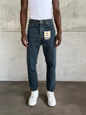 KağanKY Lacivert Yıkamalı Boyfriend Jean Erkek Denim Normal Bel Carrot Fit Kesim