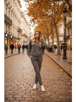 Seviliko Kadın V Yaka Kapüşonlu Modal Kumaş Sweatshirt