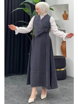 Tesettür Diyarı Tansel Kumaş Yelekli Bağlamalı Tesettür Takım- Füme