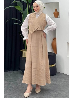 Tesettür Diyarı Tansel Kumaş Yelekli Bağlamalı Tesettür Takım- Bej