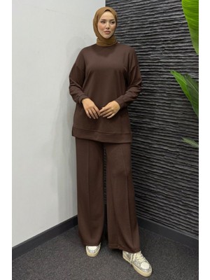 Tesettür Diyarı Modal Çimalı Uzun Alt Üst Tesettür Takım-Kahverengi