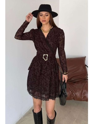 Zishan Fashion Kadın Siyah/kahve Dantel Detaylı Kruvaze Yaka Kemerli Şık Mini Elbise 10147
