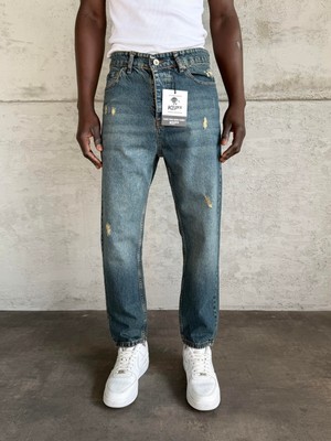 KağanKY Lacivert Yıkamalı Lazerli Boyfriend Jean