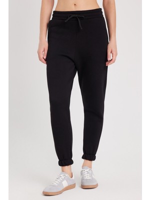 Tudors Kadın Relax Fit Rahat Kesim Şardonlu 3 Cepli Lastikli Jogger Paça Siyah Eşofman Altı