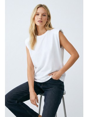 Poupee Beyaz Kadın T-Shirt, Kolsuz Vatkalı T-Shirt, Beyaz T-Shirt, Beyaz Vatkalı Bluz