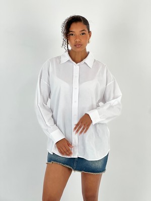 Miss Poem Kadın Sırt Taşlı Leopar Baskılı Beyaz Gömlek