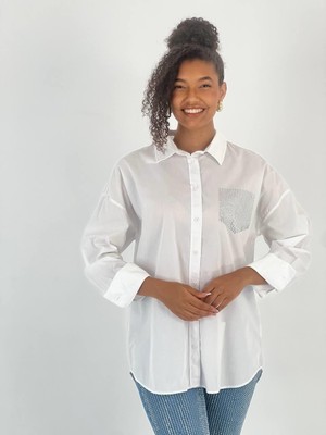 Miss Poem Kadın Tek Cep Taş Işlemeli Beyaz Gömlek