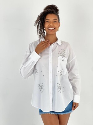 Miss Poem Kadın Taş Detaylı Düşük Omuz Beyaz Gömlek