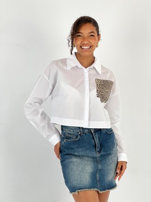 Miss Poem Kadın Tek Cep Leopar Varaklı Beyaz Crop Gömlek