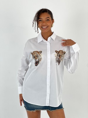 Miss Poem Kadın Ön Arka Leopar Baskılı Beyaz Gömlek
